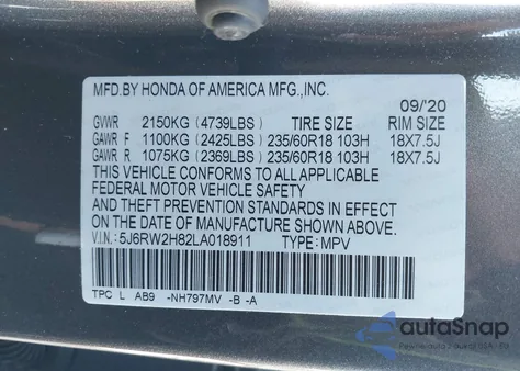 2020 Honda Cr-V Awd Ex-L из США, поврежденный, VIN 5J6RW2H82LA018911